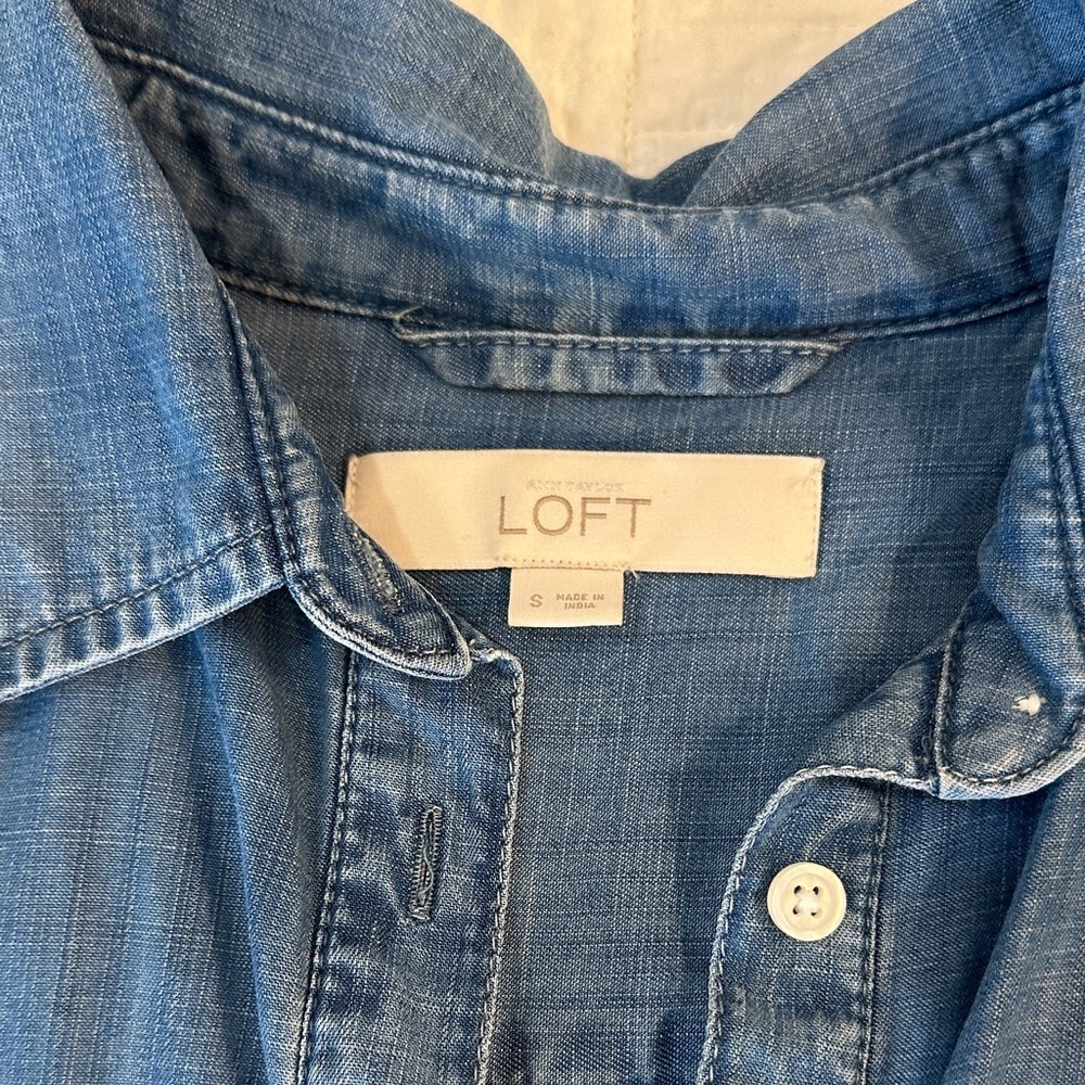 Loft Small Soft Chambray Shirt Dress Sleeve Tab Knee length Tunic Shirt Dress - Picture 2 of 7